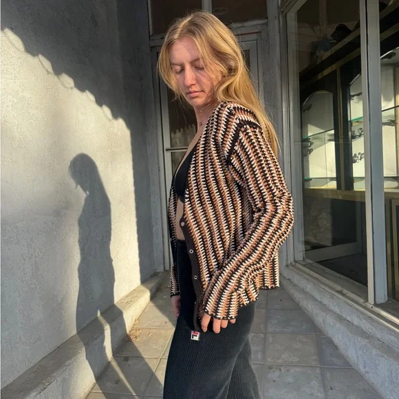 Y2K Osis Studio Striped Open Front Cardigan Black Tan Cream Cotton Blend - Picture 2 of 7